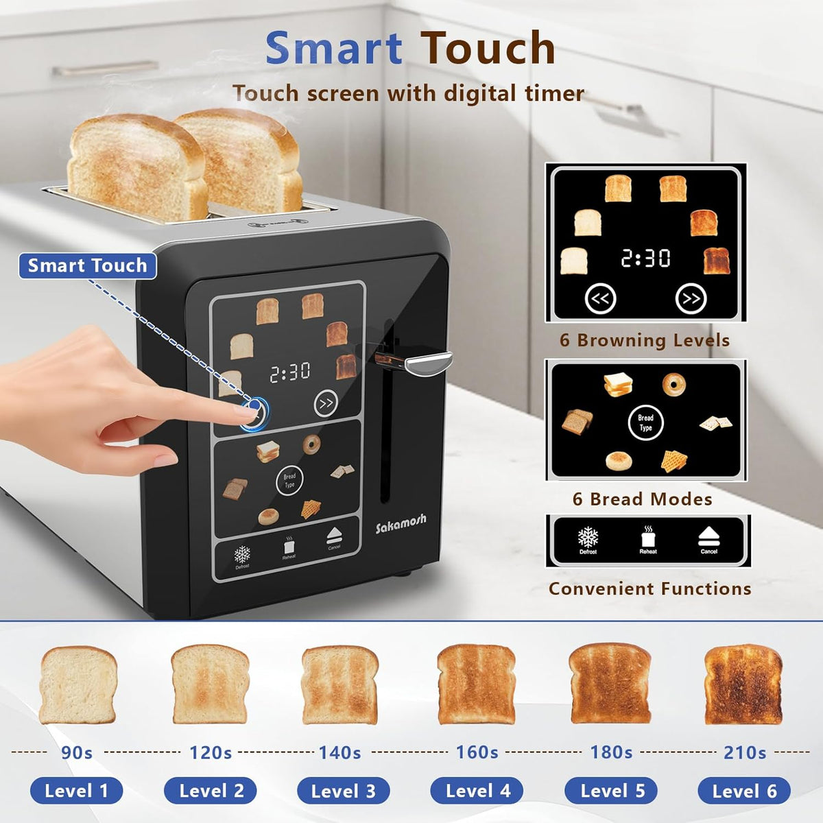 Touch screen Toaster 2 slice, Smart Digital Toasters, 6 Browning Levels & 6 Bread Types, Bagel Memory Function, Timer, Stainless Steel, 800W