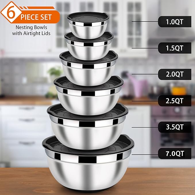 LIANYU Stainless Steel Nesting Mixing Bowls Set of 6 with Airtight Lids, Size 7, 3.5, 2.5, 2, 1.5, 1QT, Large Metal Bowls for Baking Cooking Food Storage, Non-slip Bottom, Black