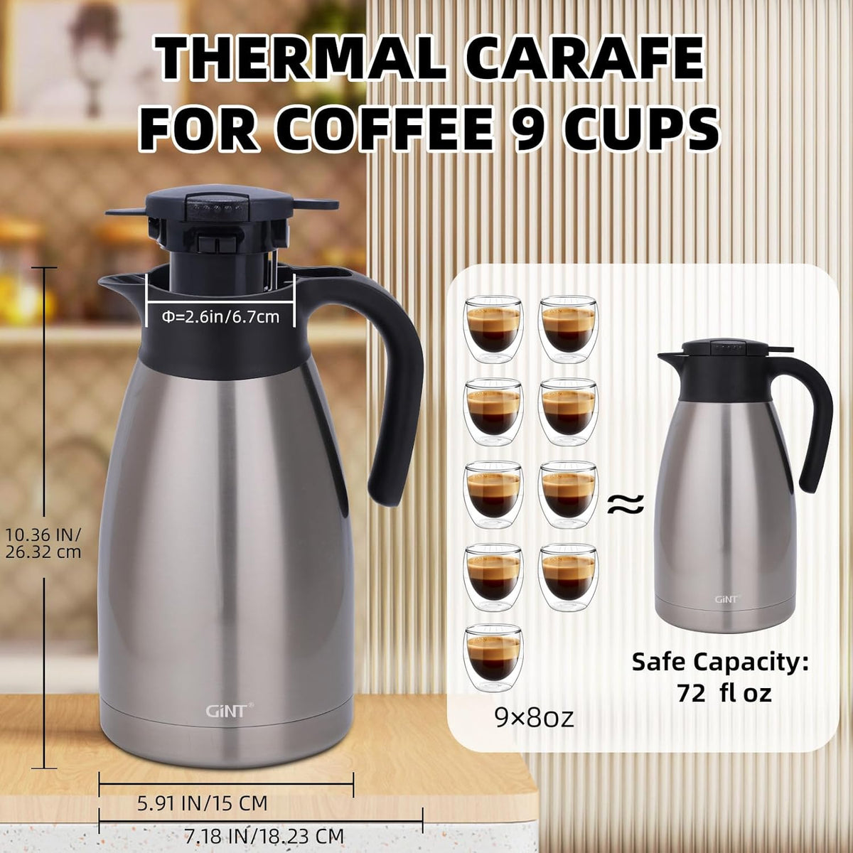 GiNT 74Oz Thermal Coffee Carafe, Insulated Stainless Steel Coffee Carafes for Keeping Hot/Double Walled Vacuum Thermal Carafe (Silver, 2.2L)