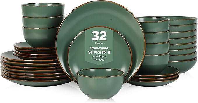 Stone Lain Brasa Modern Stoneware 32 Piece Dinnerware Sets, Plates and bowls Sets, Dish Set for 8, Green