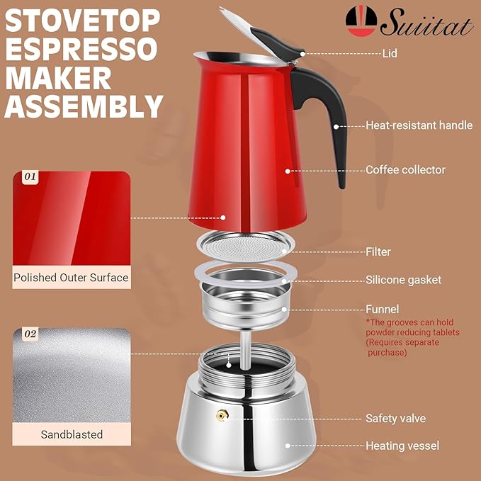 Moka Pot, 6 Cups (10.6 oz) Stovetop Espresso Maker, 304 Stainless Steel Moka Pot, Induction Compatible, Red