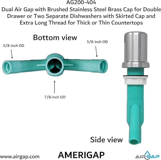Dual Air Gap with Brushed Stainless Steel Brass Cap for Double Drawer or Two Separate Dishwashers with Skirted Cap and Extra Long Thread for Thick or Thin Countertops (AG200-404, AG200-X04, AMERIGAP)