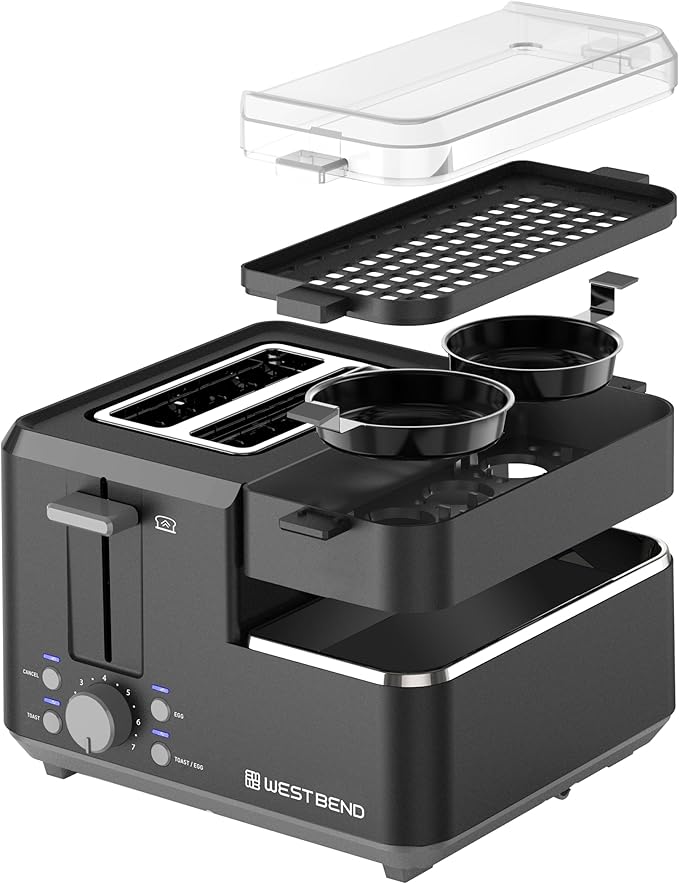 West Bend Breakfast Station 2-Slice Toaster and Egg Cooker/Poacher with Removable Pre-Cooked Meat and Vegetable Warming Tray for Perfect Breakfast Sandwiches, 1200-Watts, Black