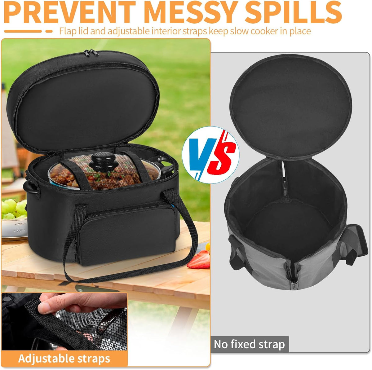 Double-Layer Slow Cooker Travel Bag Compatible with 6, 7, 8 Quart Crock-Pot, Insulated Travel Carrier with Easy to Clean Lining, Black