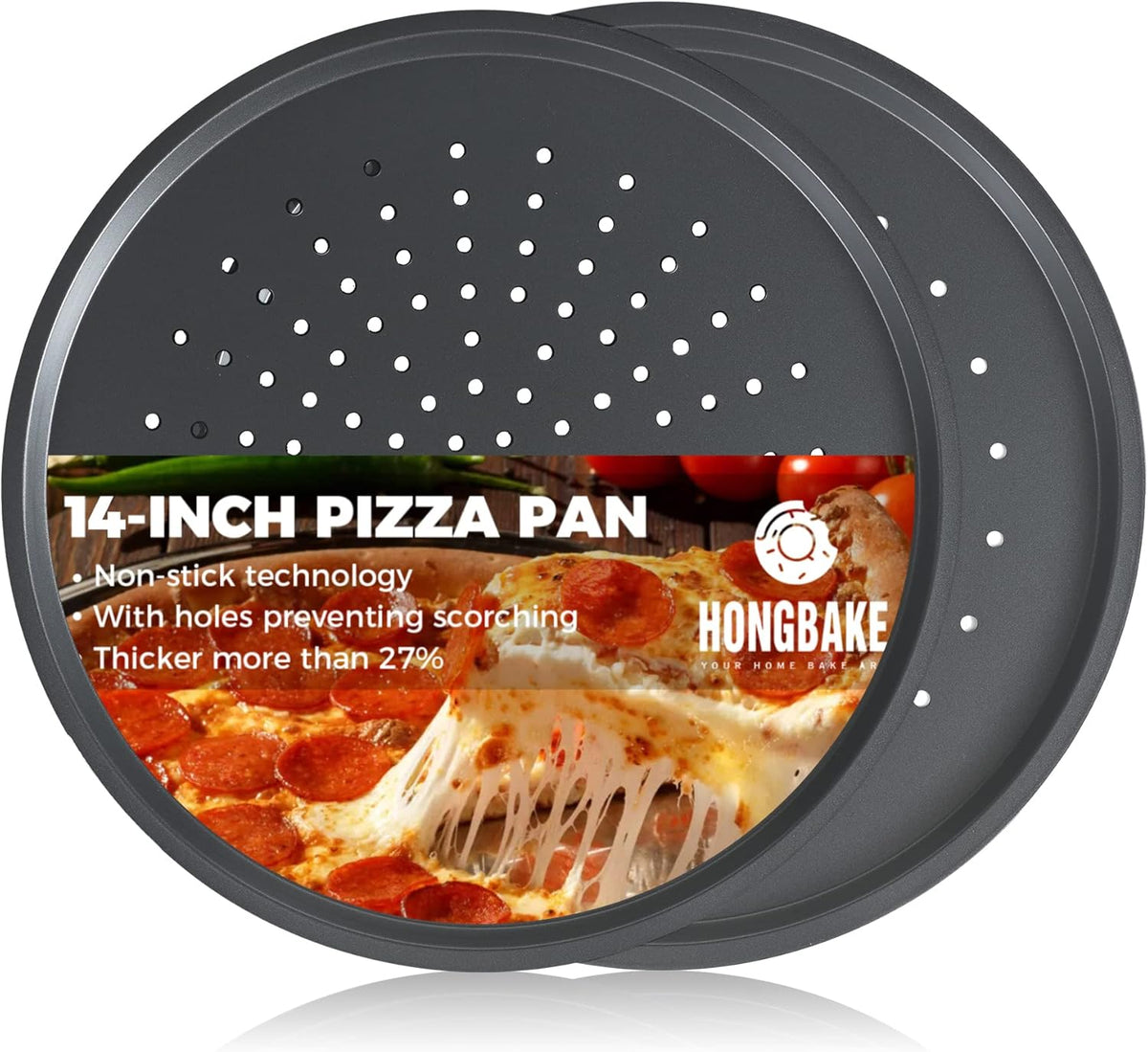 HONGBAKE 14.8 Inch Pizza Pan with Holes, 2 Pack Non-Stick Pizza Pan for Oven, Carbon Steel Perforated Pizza Tray, Crispy Pizza Set, Round Baking Sheet for Frozen & Homemade Pizza, Grey