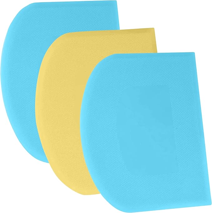SURDOCA Dough Scraper Bench Scraper - 3P 10.6x6.7" Plastic Flexible Bowl Scraper, Sharp Edge & Angles Cake Scraper. Non-Slip Bakeware Decorating Tools Sculpting & Modeling Tools - Blue+Yellow+Blue