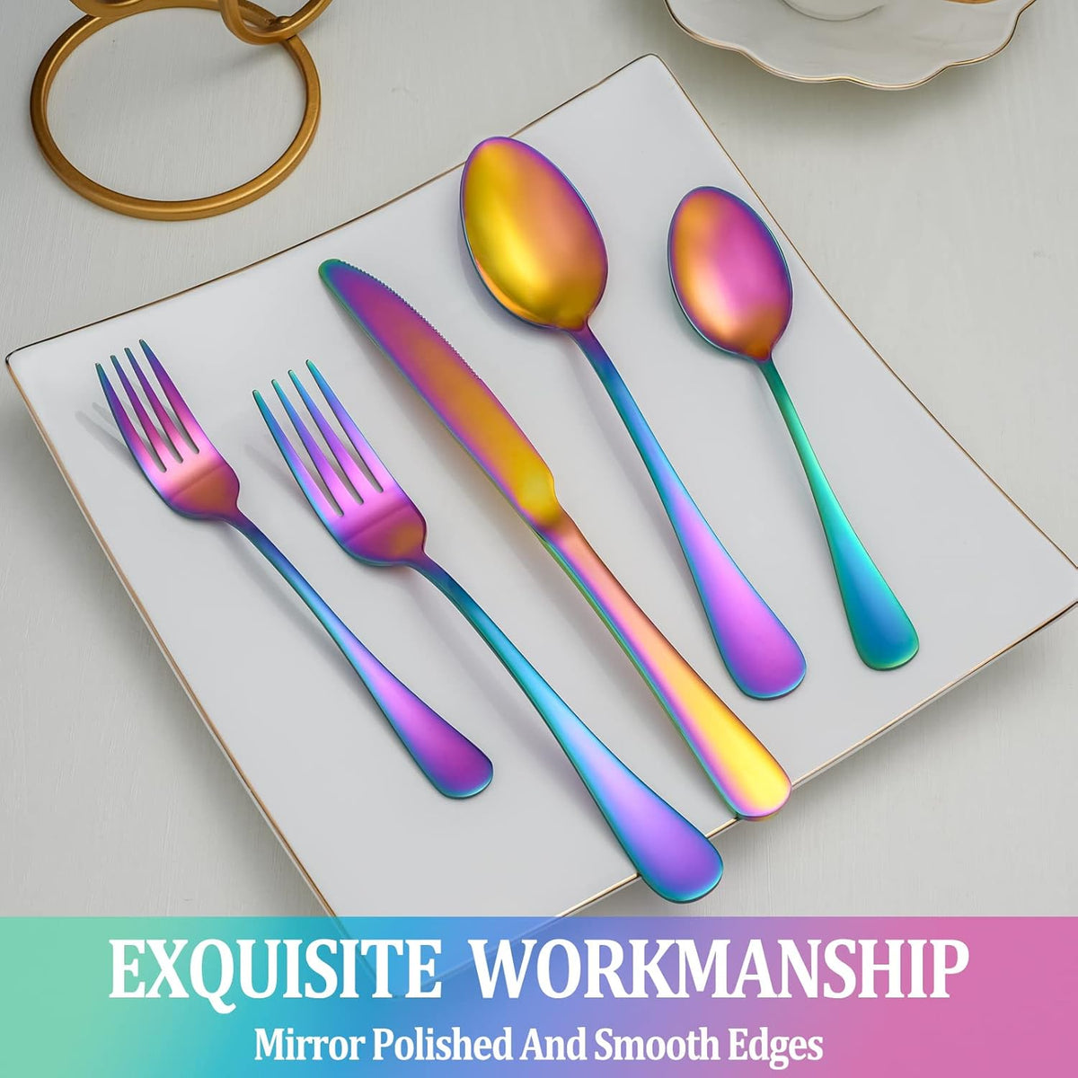 30 Pcs Rainbow Silverware Set Service for 6,Stainless Steel Flatware Serving Sets,Kitchen Tableware Set,Utensil Set for Home and Restaurant,Knives Forks Spoons Set,Mirror Polished,Dishwasher Safe