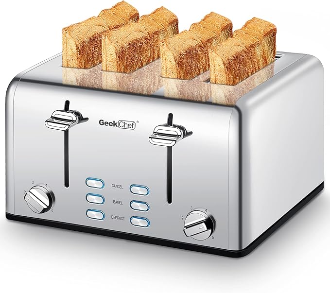 Toaster 4 Slice, Geek Chef Stainless Steel Toaster with Extra Wide Slots，4 Slot Toaster with Bagel/Defrost/Cancel Function, Dual Control Panel of 6 Toasting Bread Shade Settings, Removable Crumb Trays, High Lift Lever, ETL