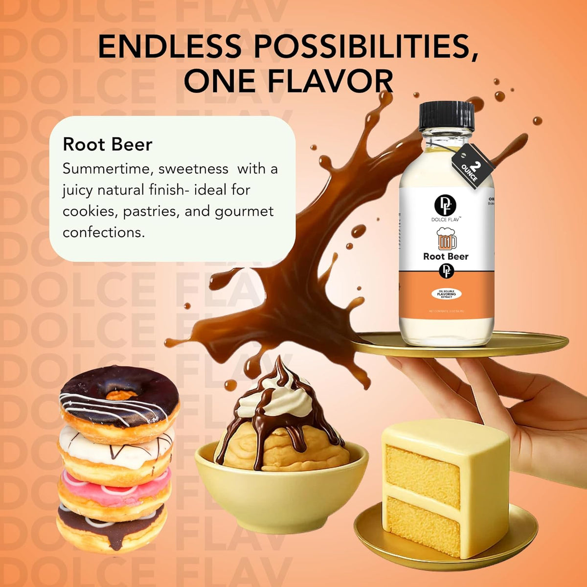 Dolce Flav Root Beer Extract – 2 Ounce Oil-Soluble Kosher, Sugar-Free, Concentrated Classic Root Beer Flavoring for Baking, Chocolates & Desserts, Includes Measured Dropper