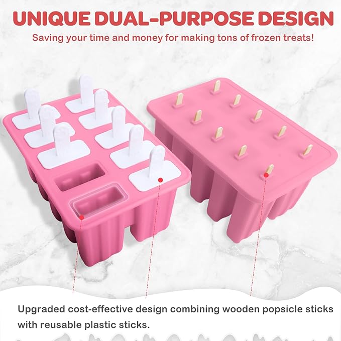 Miaowoof Homemade Popsicle Molds, 10-Cav Non-BPA Silicone Ice Pop Maker, with 50 Sticks, 50 Bags, 10 Reusable Sticks, Funnel, Brush and Ice Pop Recipe (Pink)
