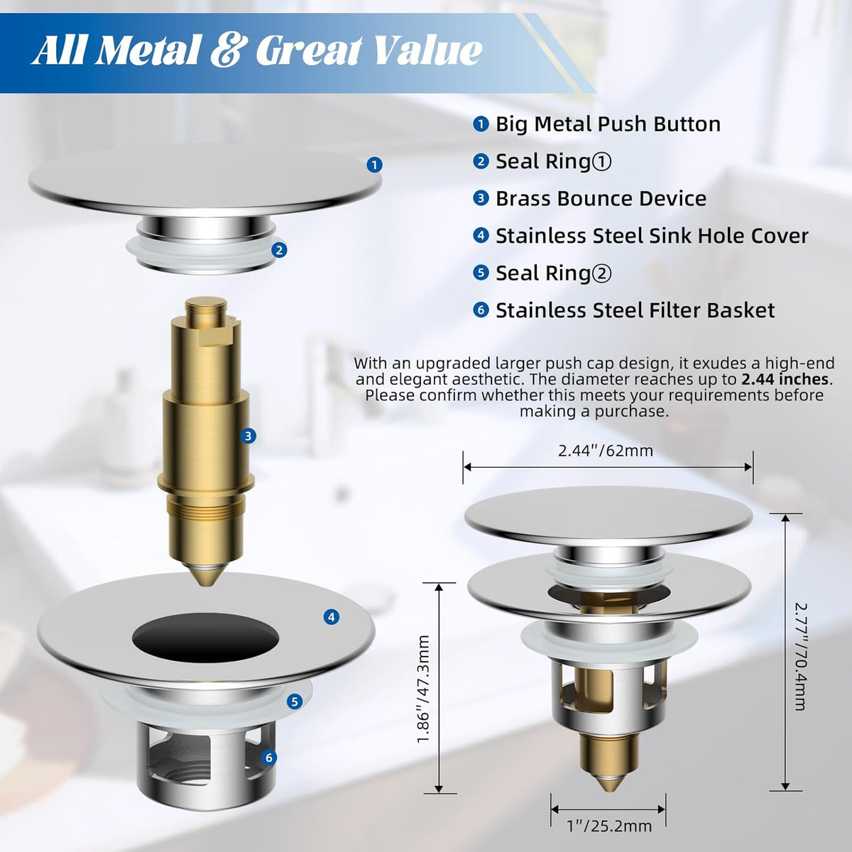 Hibbent All Metal 2 in 1 Bathroom Sink Stopper, Universal Pop Up Drain Strainer, Brass Bullet Core Push Type Sink Stopper for 1.1''~2.3'' Basin, Big Push Button, Anti Clogging Drain Filter, Chrome