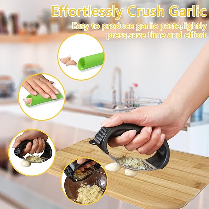 Stainless Steel Garlic Press Rocker Set - Heavy Duty Garlic Mincer, Crusher & Chopper with Silicone Peeler, Scraper & Cleaning Brush - Effortless Smasher and Grinder Tool for Easy Kitchen Prep (Green)
