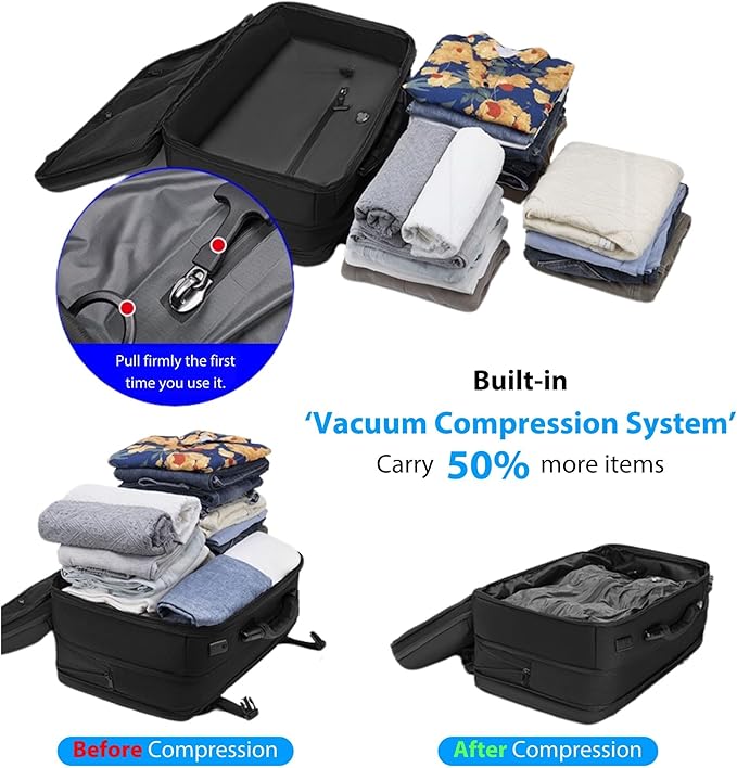Vacuum Travel Backpack, 70L Expandable Air Vacuum Backpack for Travel, Vacpack Travel Vacuum Bags with Pump, TSA Lock, USB Charging Port, Waterproof