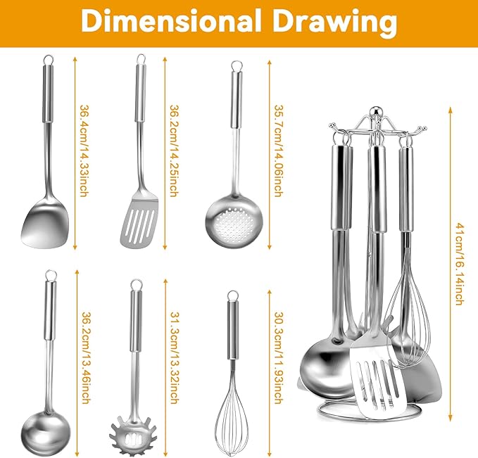 Stainless Steel Kitchen Cooking Utensils Set of 7 - Kitchen Utensils with Hanging Rack, Spatula, Slotted Turner, Soup Ladle, Slotted Spoon, Whisk, Pasta Server, Holder, Dishwasher Safe