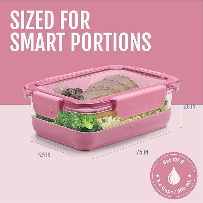 Ello Duraglass Refresh 3.4 Cup Meal Prep Sets 10Pc, 5 Pack Set- Glass Food Storage Container with Silicone Boot and Airtight BPA-Free Plastic Lids, Dishwasher, Microwave and Freezer Safe,Dusk Delight