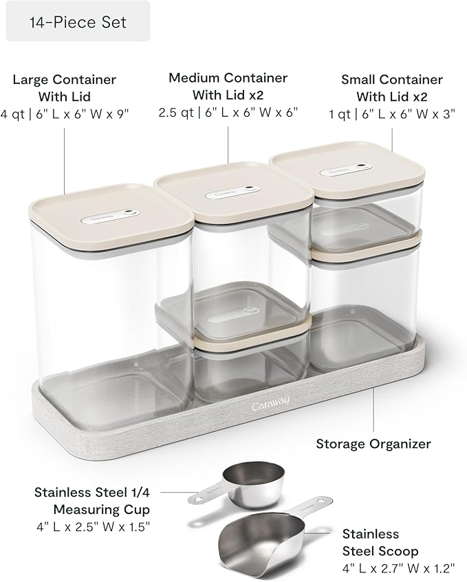 Caraway 14-Piece Glass Airtight Food Storage Containers with Lids – Non-Toxic, BPA-Free Kitchen Storage Containers – Stackable, Space-Saving Airtight Containers for Dry Goods and More - Cream