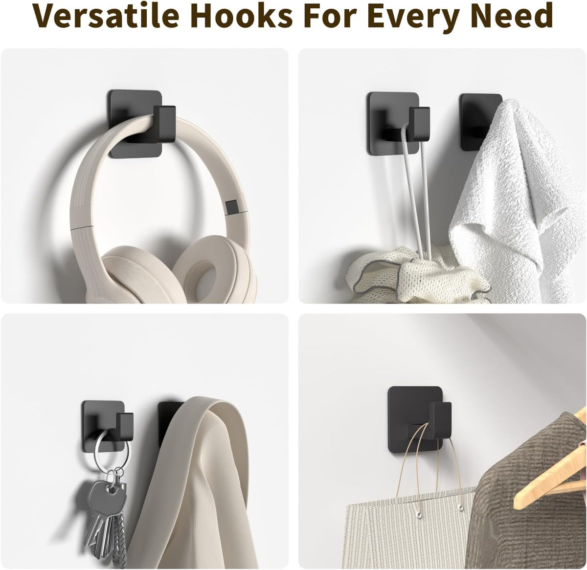 Square Self Adhesive Towel Hooks - 2 Pack Matte Black Metal Hooks, Right-Angle Design for Towels, Robes & Hats, Organize Bathroom, Kitchen, Entryway, Doors, Cabinets on Smooth Surfaces