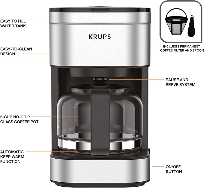KRUPS Simply Brew Compact 5 Cup Coffee Maker: Stainless Steel Design, Pause & Brew, Keep Warm, Reusable Filter, Drip-Free Carafe (Pack of 4)
