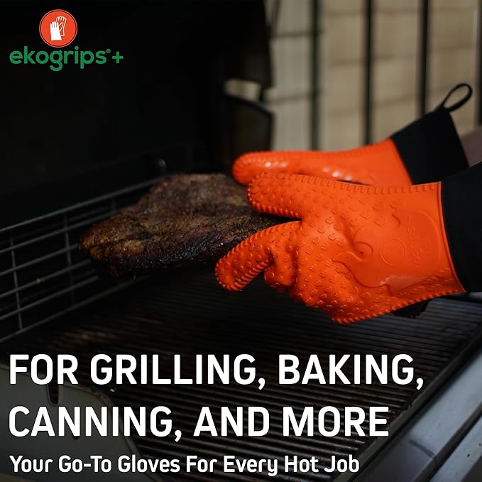 Ekogrips+ Premium Silicone Oven Mitts - Comfy, Waterproof, Heat Resistant BBQ Gloves for Grilling, Long Cuff for Added Protection, 5 Finger Dexterity, 3 Sizes, 4 Colors, L/XL, Red