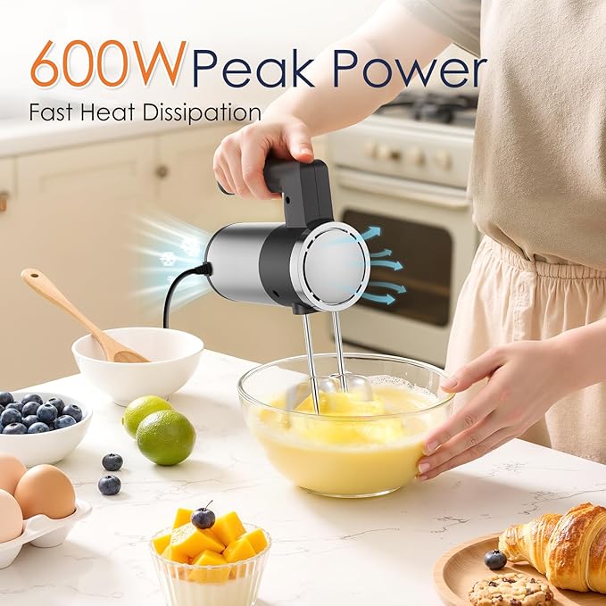 Powerful 600W Hand Mixer, 5-Speed Electric Hand Held Mixer for Baking, Lightweight Stainless Steel Hand Beaters *2 & Dough Hooks*2 with Eject Button, Kitchen Mixer for Cream, Cookies, Dough-Black