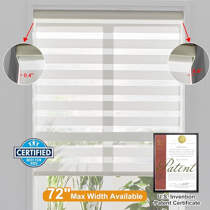 Persilux Custom Size Cordless Zebra Blinds for Windows Free-Stop Roller Windows Shades Dual Layer Light Control for Day and Night, Light Filtering Sheer Shades for Home and Bedroom Cream