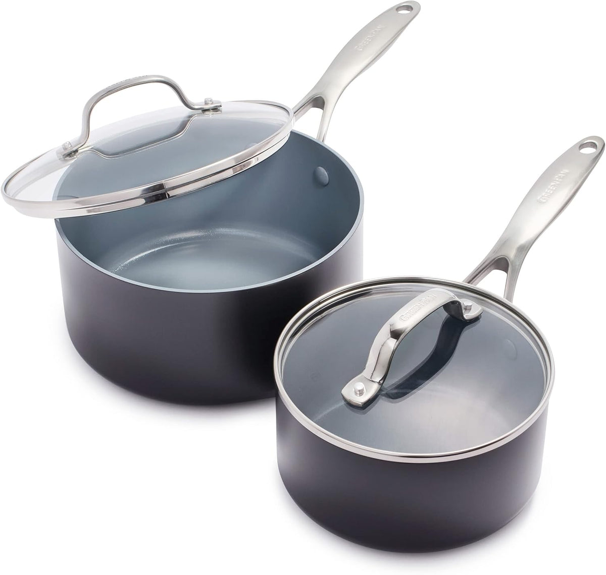 GreenPan Valencia Pro Hard Anodized Healthy Ceramic Nonstick 1.66QT and 3.3QT Saucepan Pot Set with Lids, PFAS-Free, Induction, Dishwasher and Oven Safe, Gray