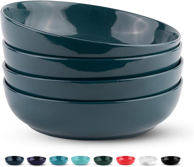 KooK Pasta Bowl, Salad Bowls, Soup, Serving Bowls, Ceramic, Large Capacity, Microwave & Dishwasher Safe, Set of 4, 40 Oz,(Dark Teal)