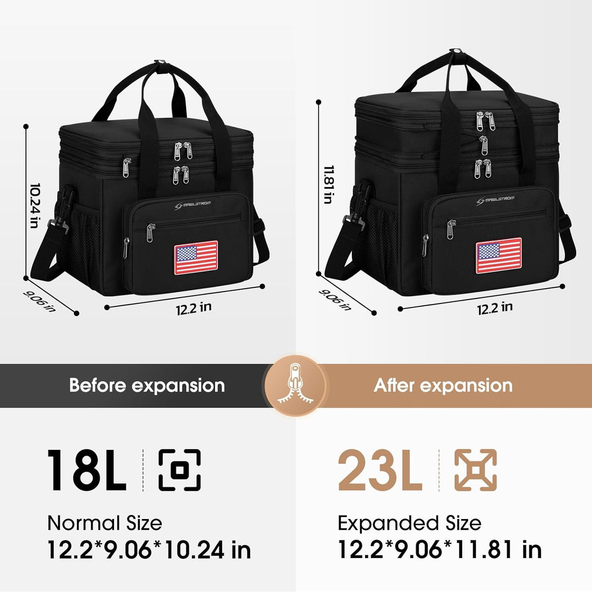 Maelstrom Tactical Lunch Box for Men, 23L Insulated Lunch Bag, Expandable Double Deck Cooler Bag, Lightweight Leakproof Tote Bag With Side Tissue Pocket, Suit For Men and Women, Black