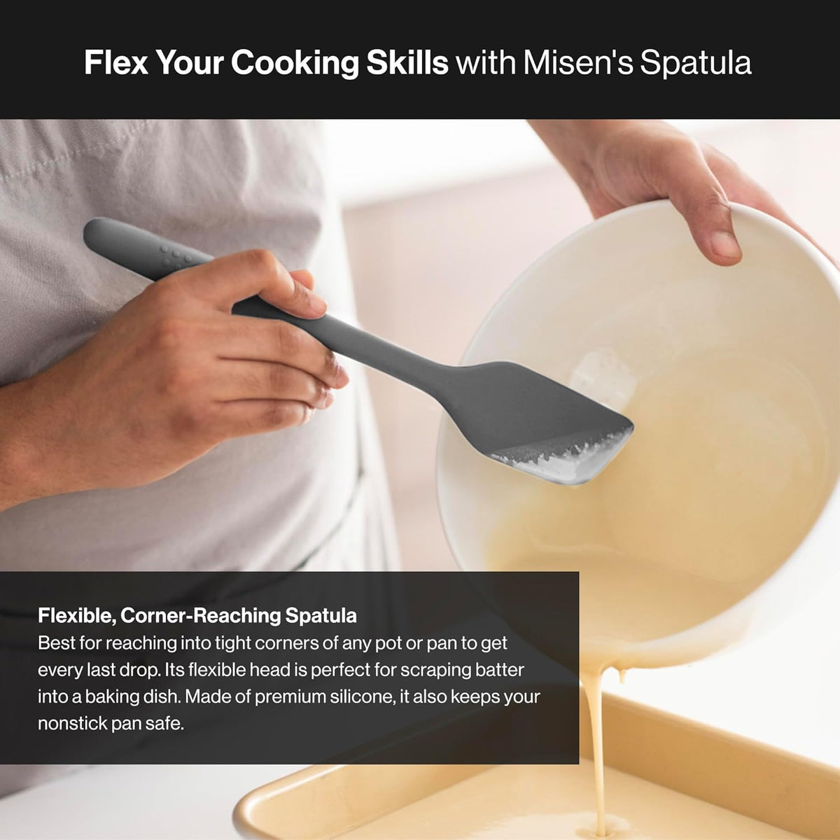 Misen Nonstick-Safe Silicone Spatula - Dishwasher Safe, Heat Resistant - Versatile Professional-Grade Kitchen Tool for Pancakes, Eggs, and Baking - Strong, Flexible, Durable Rubber Utensil - Gray