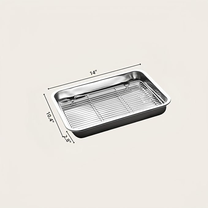 Roasting Pan Heavy Duty Stainless steel Turkey Pans for Oven,Toaster Oven Tray Pans with cooling rack,Hotel Pan, Barbeque Grill Pan,Deep Edge,Mirror treatment, Dishwasher Safe (14"x10.4"x2.8")