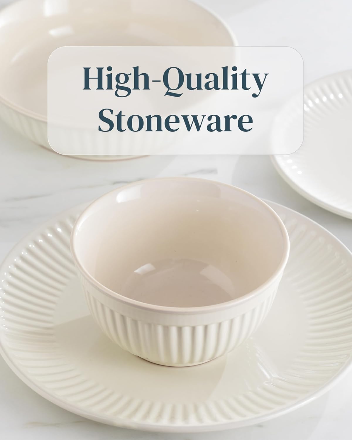 Stoneware Dinnerware Set for 8 People HYGGE 24-Piece - Elegant Scandi Design - Premium Dish Set - Bowl and Plate Set - Tableware for 8 People in a Ribbed Design - Pure Living in Beige