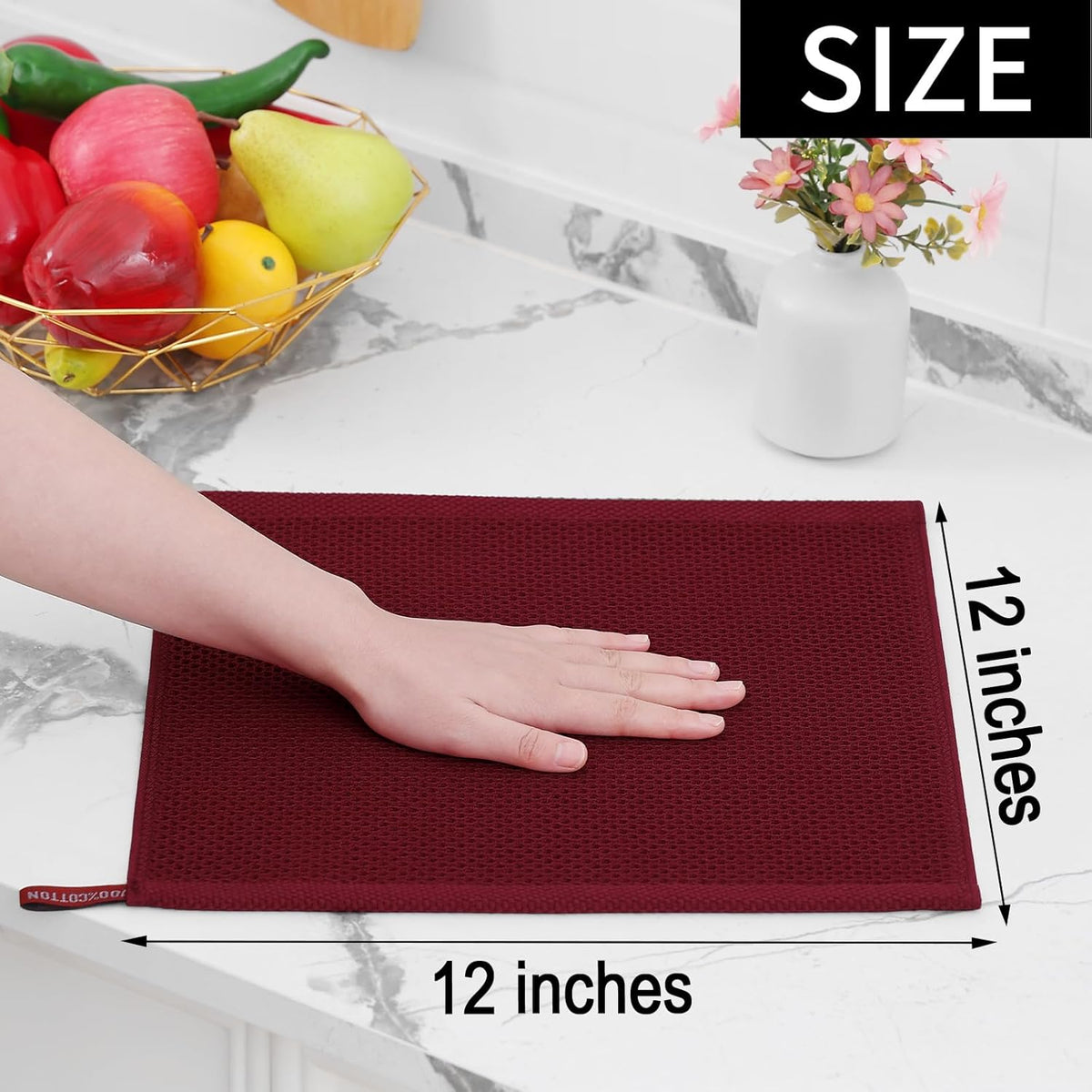 Homaxy 100% Cotton Waffle Weave Kitchen Dish Cloths, Ultra Soft Absorbent Quick Drying Dish Towels, 12 x 12 Inches, 12-Pack, Burgundy