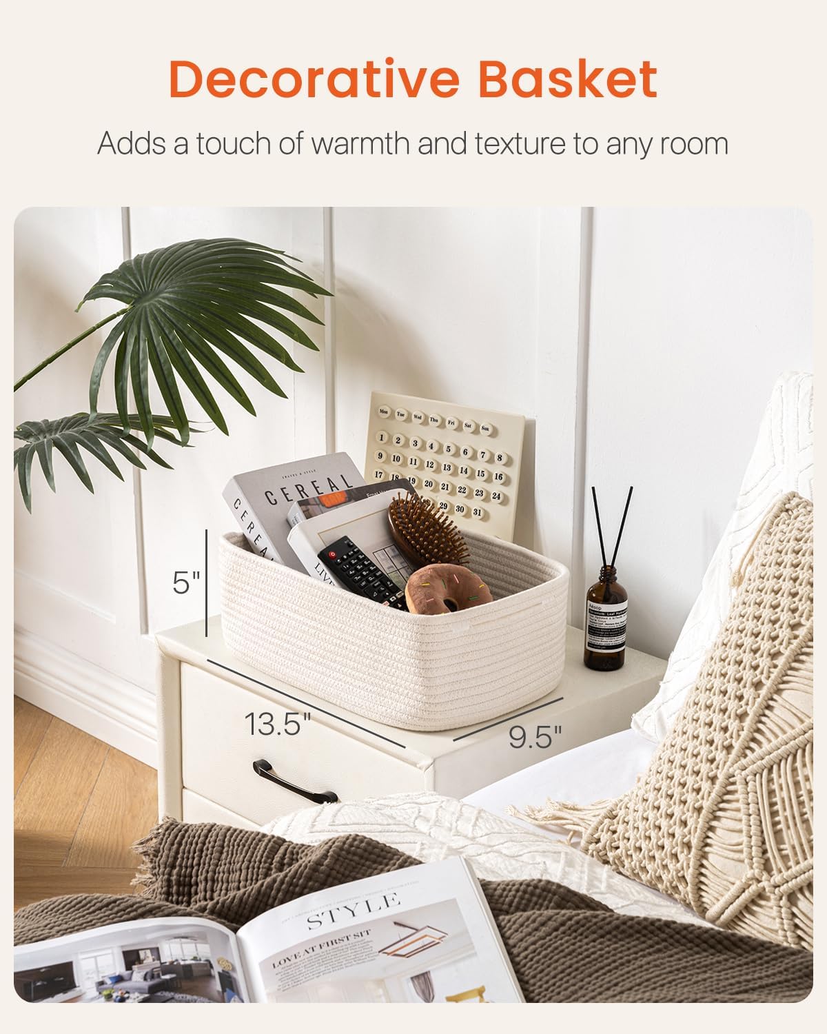 Small Woven Basket, 13.5 x 9.5 x 5 Inches, Storage Basket for Organizing, Cute Small Rope Shelf Closet Cube Storage Bins Baskets for Shelves, Dog Toy Gift Baskets Empty, 3 Packs, Off White