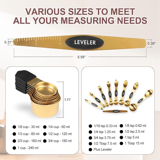16-Piece Stainless Steel Measuring Cups and Spoons Set, Strong Magnetic Nesting Design 7 Cups 8 Spoons with Leveler, Double Measurement Markings for Dry & Liquid Ingredients, Gold