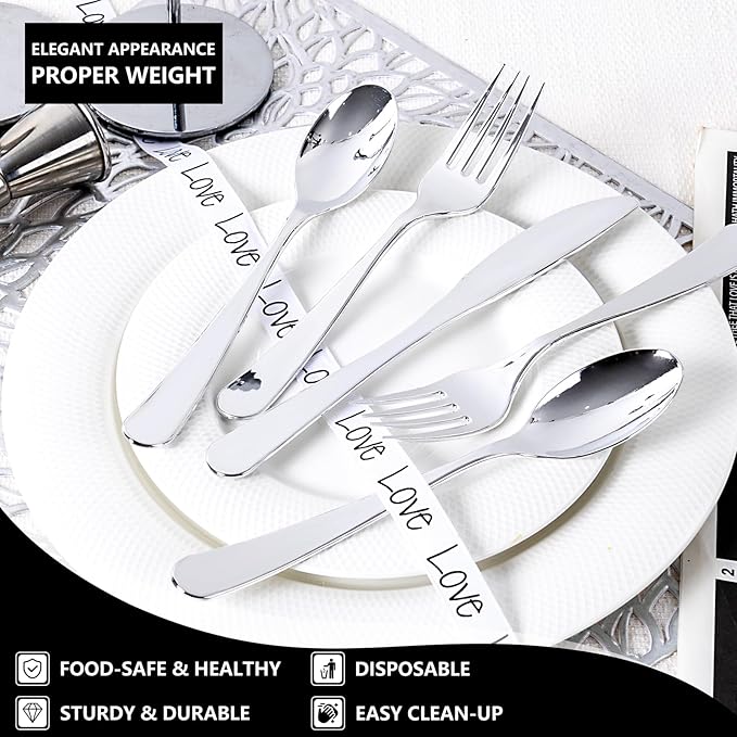 150 PCS Silver Plastic Silverware - Silver Plastic Flatware Disposable - Heavy Duty Disposable Utensils Sets Includes 50 Forks, 50 Spoons, 50 Knives for Party & Wedding