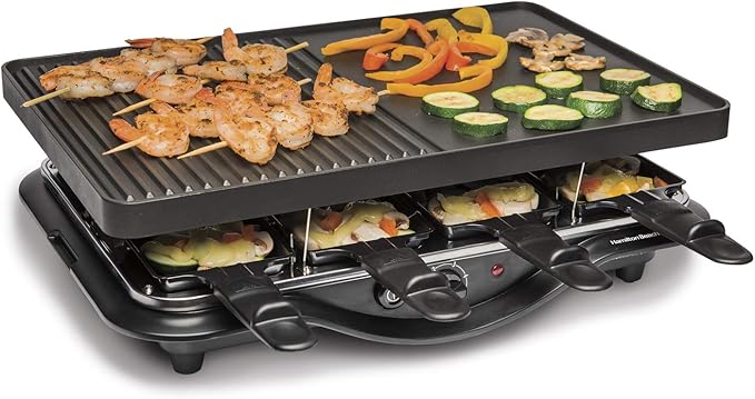 Hamilton Beach Electric Indoor Raclette Table Grill, 200 sq. in. PFAS-Free Nonstick Griddle Serves up to 8 People for Parties and Family Fun, Includes 8 Warming Trays, Black (31612MN-MX)