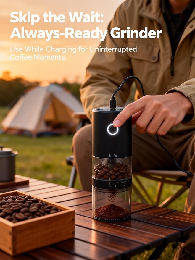 LAMIDO Portable Electric Burr Coffee Grinder - Grind While Charging - Visual Bean Hopper - 38 External Grind Settings - 1.8X Faster Grinding - 2000 mAh Battery for Travel, Camping - Matte Black