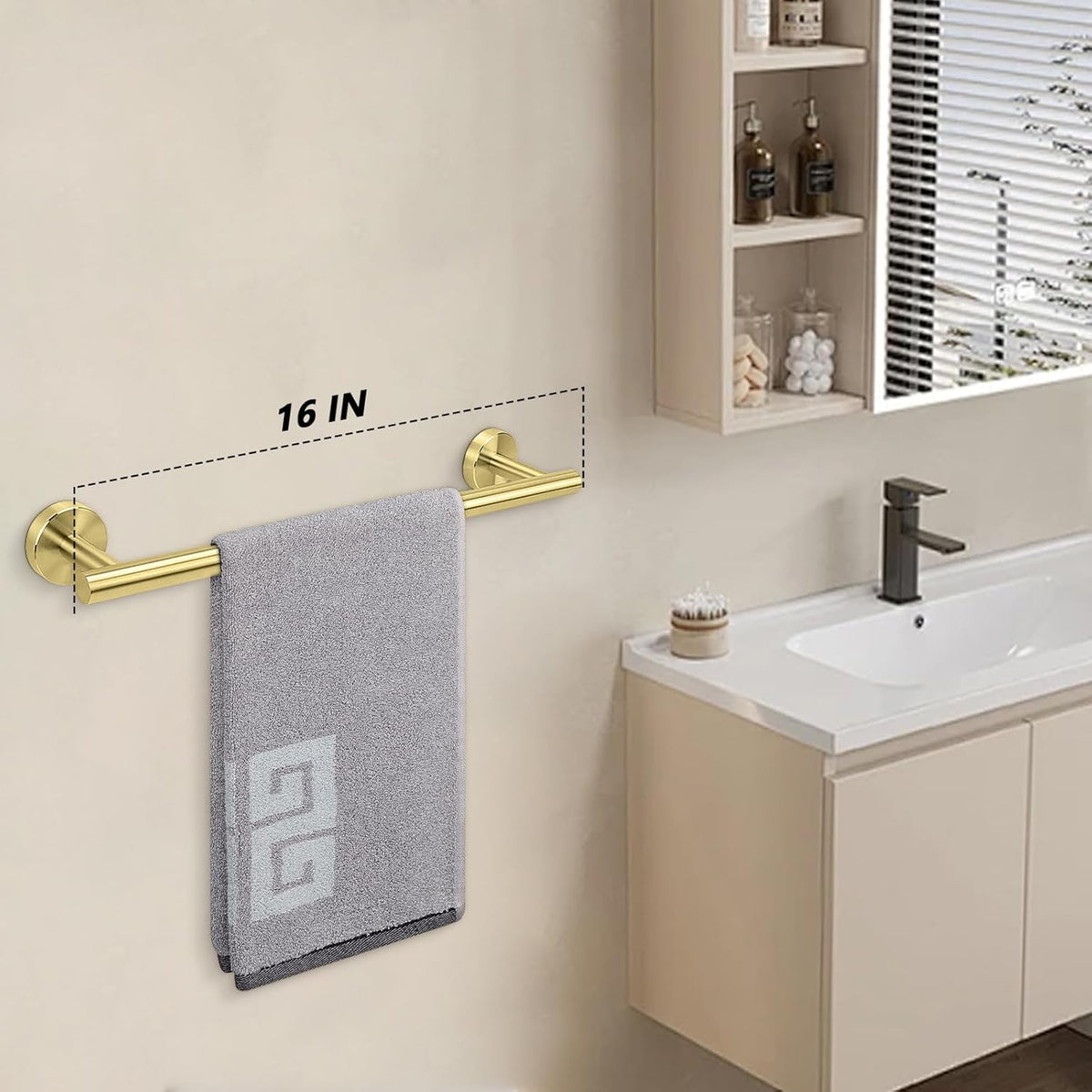 NearMoon Bath Towel Bar, Bath Accessories Thicken Stainless Steel Shower Towel Rack for Bathroom, Towel Holder Wall Mounted (1 Pack, Brushed Gold, 16 Inch)