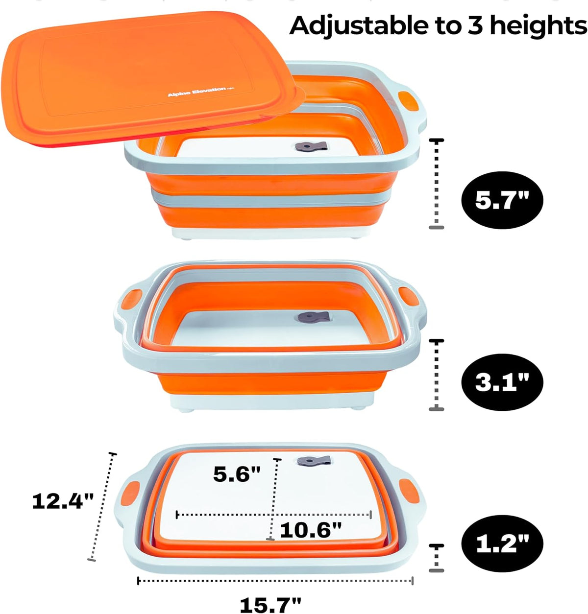 Collapsible Large (8L) BBQ Marinating Tub w/Cutting Board | Multipurpose Food-Grade TPE Prep Tub w/Lid | Built-in Colander & Drain Plug - for Camping | Tailgate | Picnic - Bold Orange