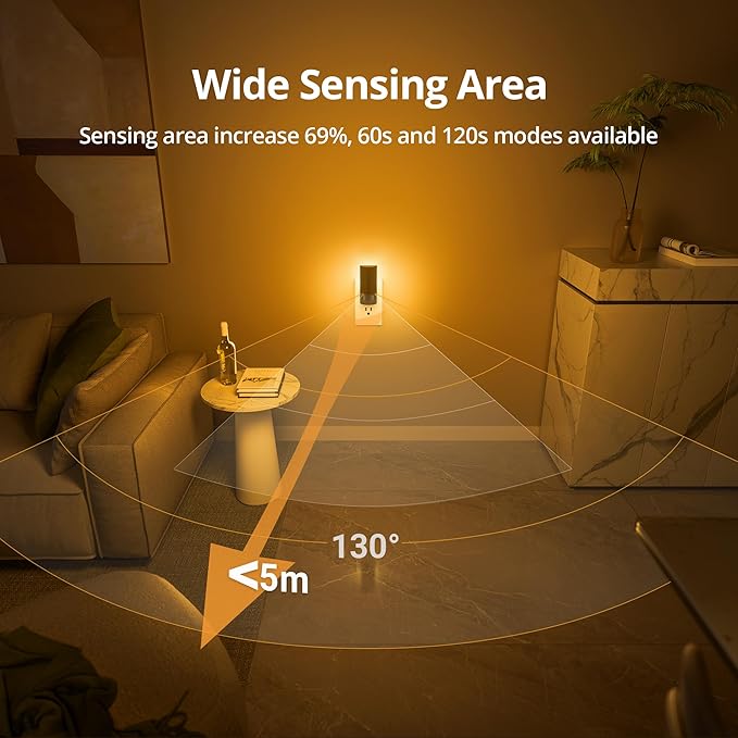 Lyridz Plug-in LED Amber Night Light with Motion Sensor, Rotatable, Dimmable Backlit Nightlight, 1-150lm Adjustable Brightness for Bathroom, Bedroom, Hallway, Stairs, 2 Pack