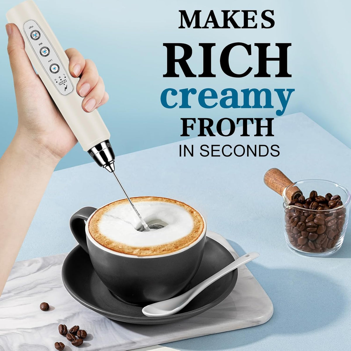 Milk Frother Handheld for Coffee, Electric Whisk 3 Speed Adjustable, Drink Mixer with Stainless 3 Whisks, Rechargeable Hand Frother Wand, for Latte Cappuccino Hot Chocolate Egg Beige