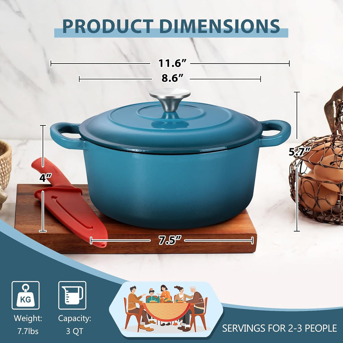 E-far 3 Qt Enameled Cast Iron Dutch Oven with Lid, Small Round Nonstick Dutch Oven Pot for Bread Baking Braising Stews Roasting Cooking, Heavy Duty, Induction & Oven Safe - Teal Mist