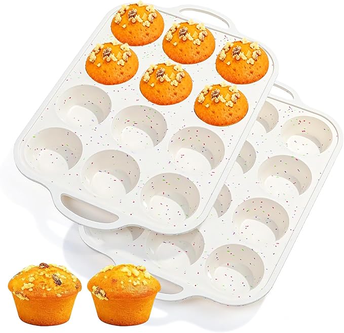 Silicone Muffin Pans for Baking 2 Pack, 2.8 Inch with Metal Reinforced Frame, Regular Size Nonstick Silicone Cupcake Pan 12 Cups for Baking Homemade Muffins, Cupcakes, Dishwasher Safe BPA Free