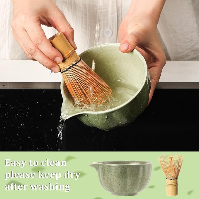 Matcha Whisk Set, 7-Pack Mottled Green Matcha Set - Include Petal Matcha Bowl with Spout, Bamboo Whisk, Chasen Holder, Sifter, Scoop, Tea Towel, Scoop Rest - Perfect Matcha Making Kit for Tea Lover