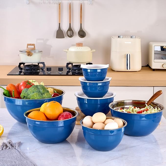 Blue Mixing Bowls with Lids Set of 7, Stainless Steel Nesting Bowl with Khaki Lid for Non-slip Mixing Prepping Storing Serving, 7 Sizes-7/3.6/2.7/2.1/1.5/1/0.8 QT