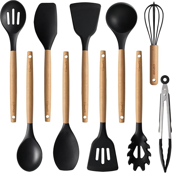 CAROTE Silicone Cooking Utensils Set for Nonstick Cookware, 446°F Heat Resistant Kitchen Utensil Set with Wooden Handle 10pcs, Spatula, Turner, Spoon, Tongs, Whisk