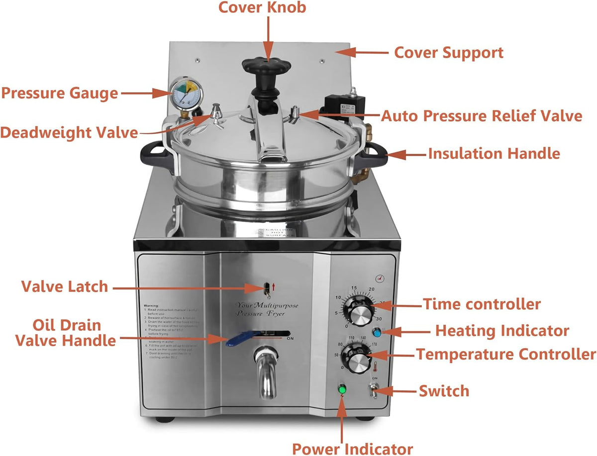 INTSUPERMAI 16L Commercial Countertop Pressure Fryer, Stainless Steel High Pressure Fried Chicken Machine, Electric Multi-function Deep Fryer Cooking Machine, 110V, 2400W, 8PSI