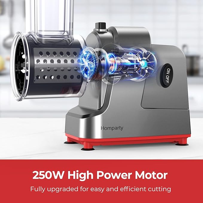 Electric Cheese Grater, Salad Maker With 5 Different Shapes of Blades, 250W Electric Slicer Shredder, Electric Salad Machine for Cheeses, Fruits and Vegetables, Silver