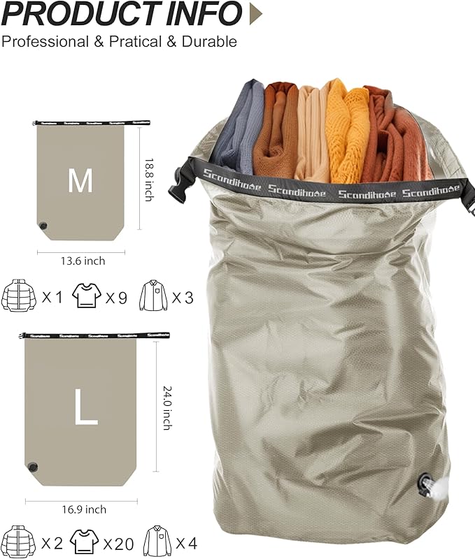 Travel Laundry Bag, Pump Free Vacuum Storage Bag Reusable Compression Dirty Clothes Travel Bag Waterproof Wet Dry Bags Large Capacity Space Saver Bags Camp Clothes Organizer (1 Pcs)(Gray, L)