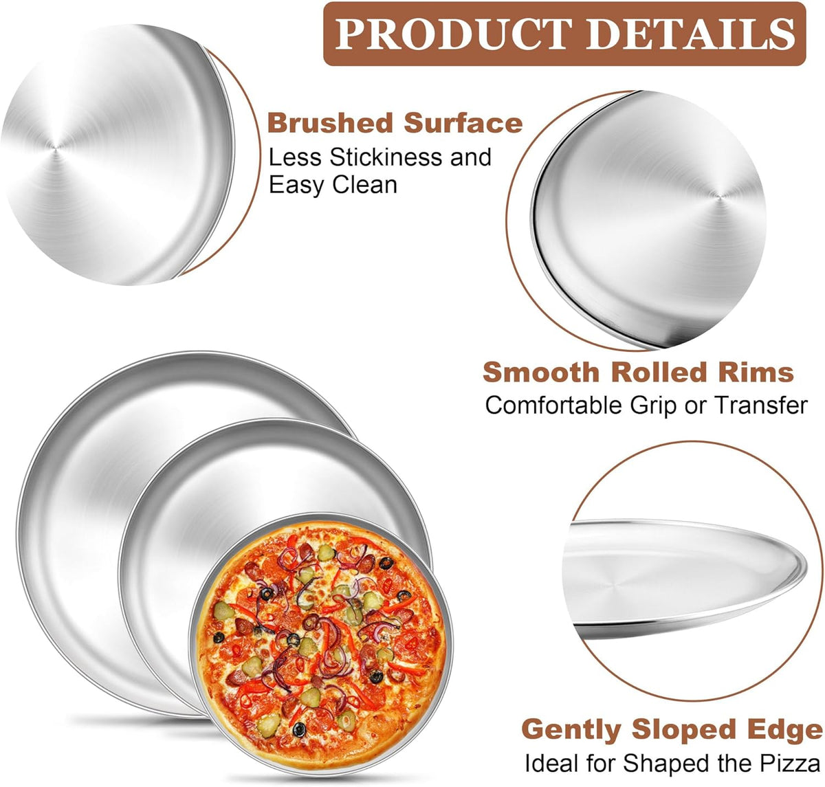 TeamFar Pizza Pan, 9 Inch, 10 Inch, 12 Inch Stainless Steel Pizza Pans Set, 3 Sizes Round Pizza Oven Baking Serving Plate Tray for Pizza Pie Cookie, Non-Toxic & Heavy Duty, Dishwasher Safe